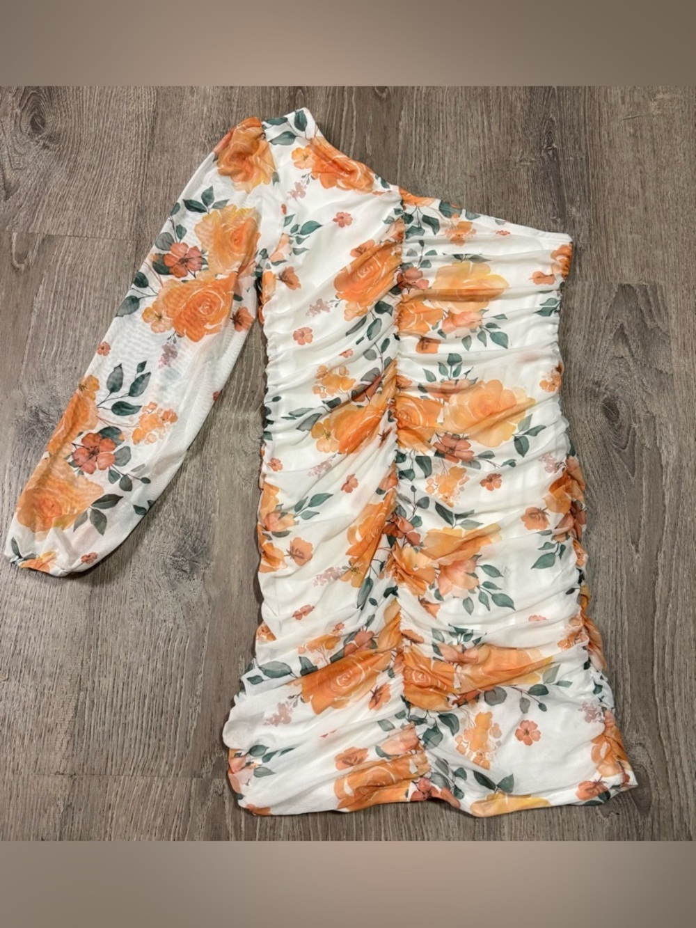 One Shoulder Floral Maternity Dress | Ruched Bodycon Mini (Size L) - Picture 2 of 5
